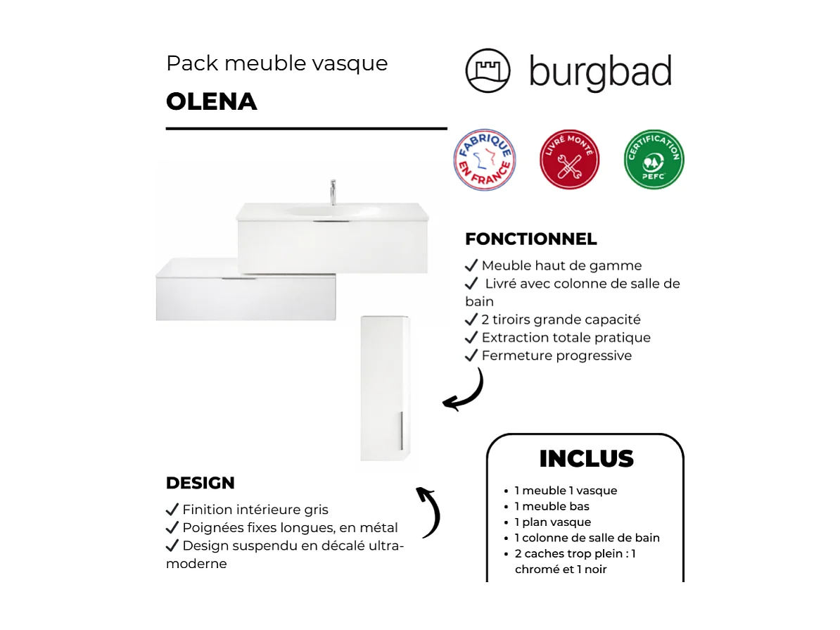 Meuble vasque 120 cm BURGBAD Olena en décaler blanc brillant + colonne