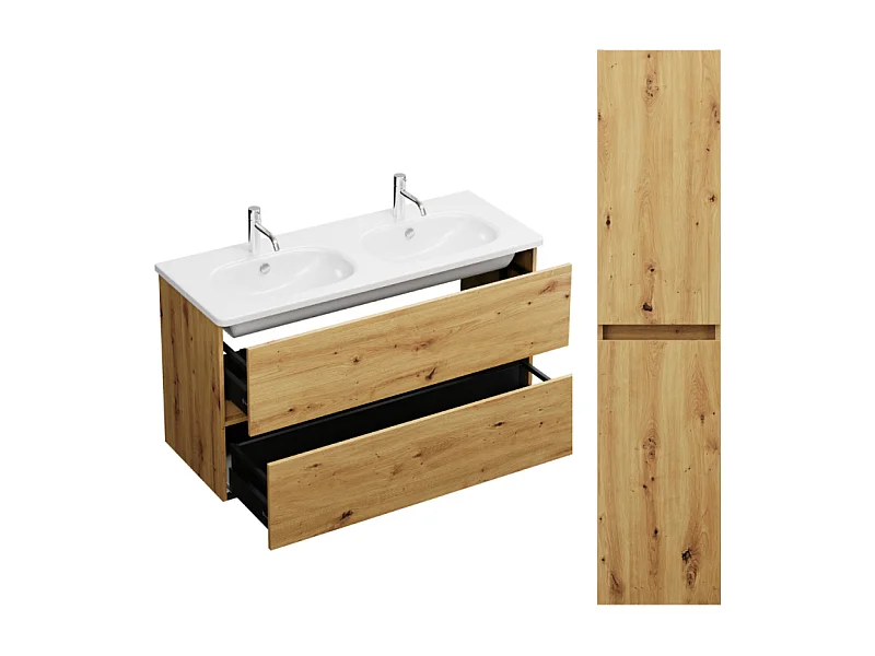 Pack meuble de salle de bain double vasque 120 cm chêne BURGBAD Joline + colonne