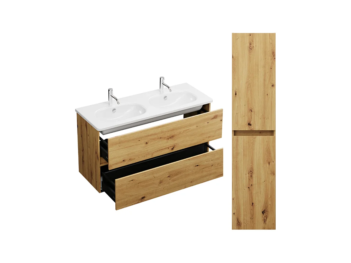 Pack meuble de salle de bain double vasque 120 cm chêne BURGBAD Joline + colonne