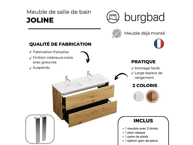 Pack meuble de salle de bain double vasque 120 cm chêne BURGBAD Joline + colonne