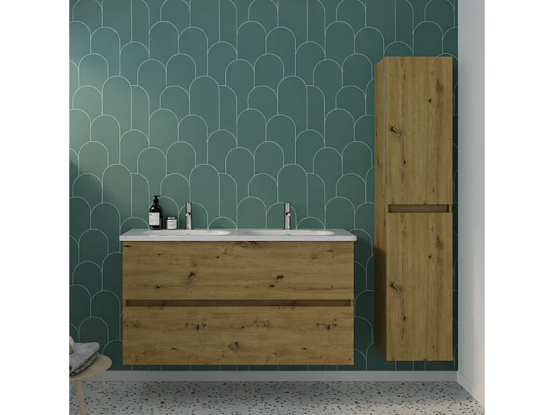 Pack meuble de salle de bain double vasque 120 cm chêne BURGBAD Joline + colonne