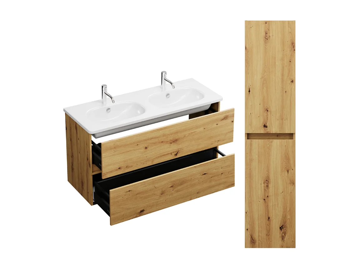 Pack meuble de salle de bain double vasque 120 cm chêne BURGBAD Joline + colonne