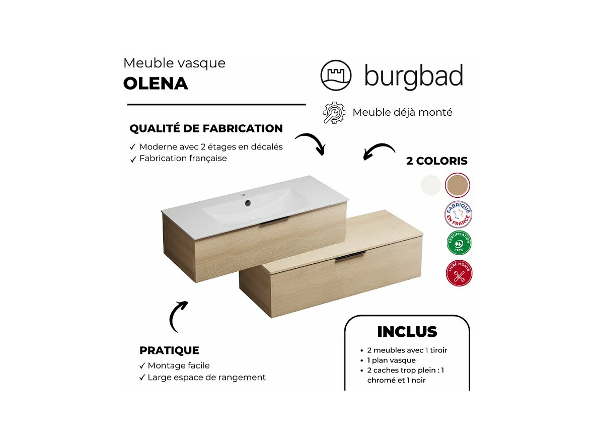 Meuble salle de bain vasque BURGBAD Olena en décaler 120 cm chêne clair + colonne