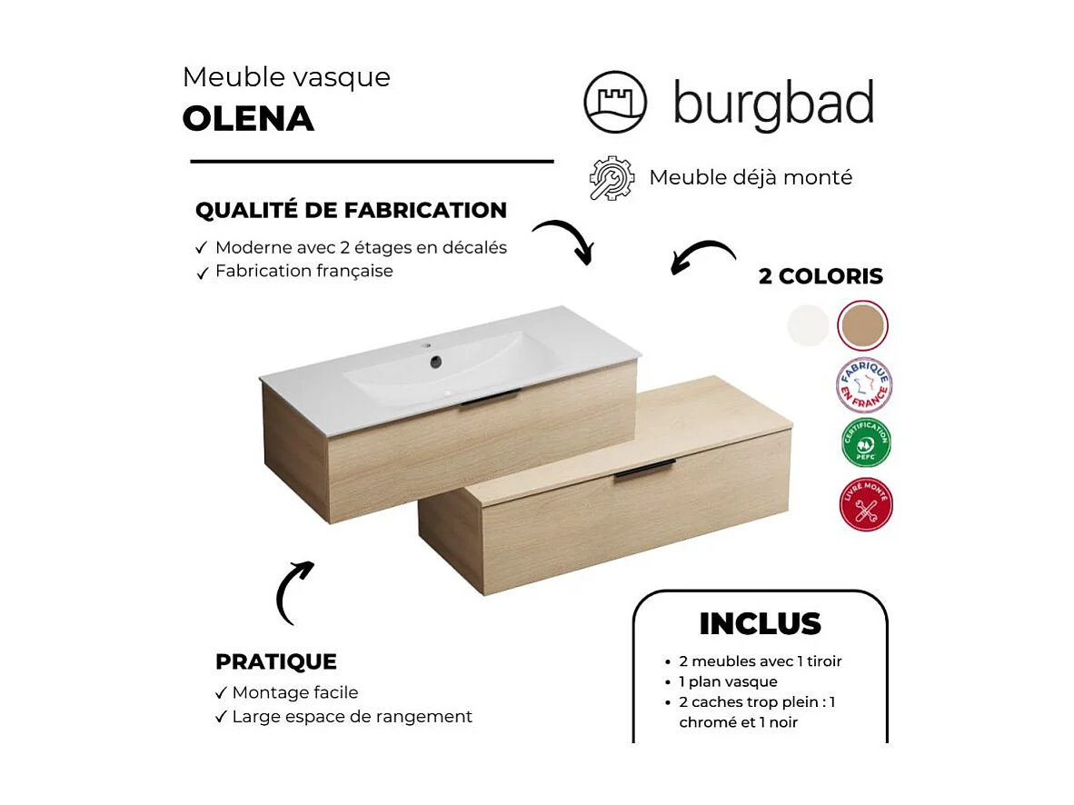 Meuble salle de bain vasque BURGBAD Olena en décaler 120 cm chêne clair + colonne
