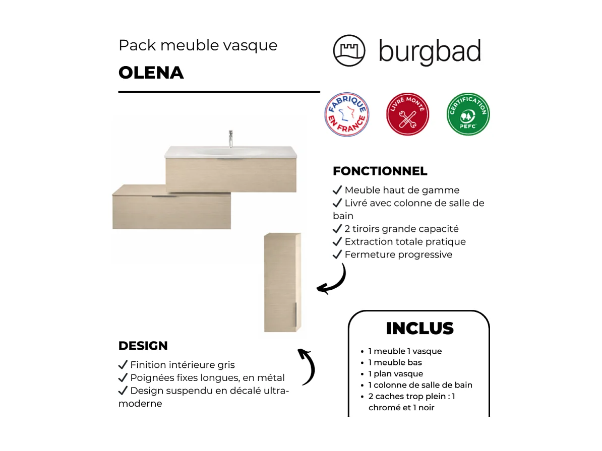 Meuble vasque 120 cm BURGBAD Olena en décaler chêne clair + colonne
