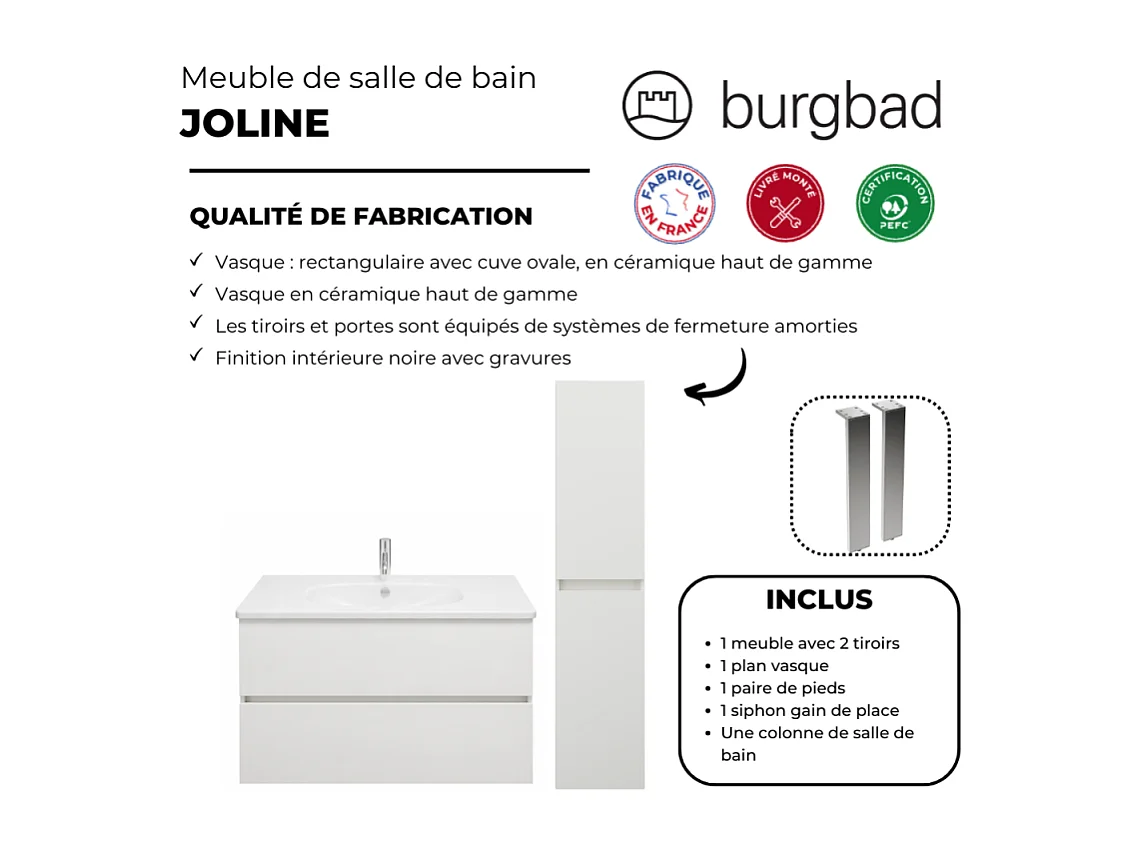 Pack meuble de salle de bain simple vasque 60 cm BURGBAD Joline blanc mat + colonne