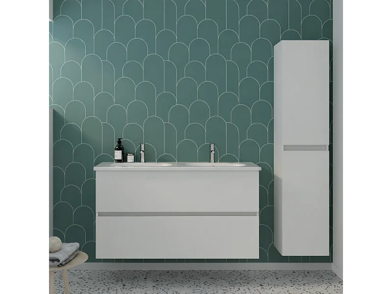 Pack meuble de salle de bain double vasque 120 cm blanc mat BURGBAD Joline + colonne