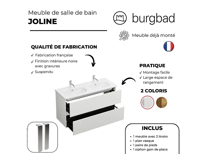 Pack meuble de salle de bain double vasque 120 cm blanc mat BURGBAD Joline + colonne