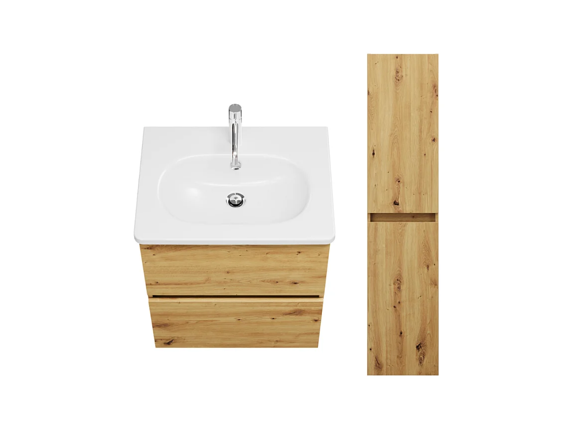 Pack meuble de salle de bain simple vasque BURGBAD Joline 60 cm chêne + colonne