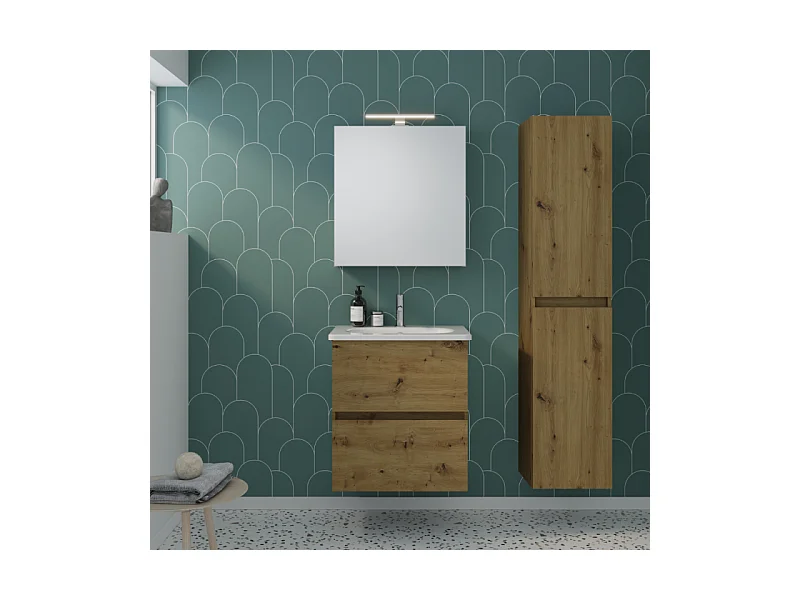 Pack meuble de salle de bain simple vasque BURGBAD Joline 60 cm chêne + colonne