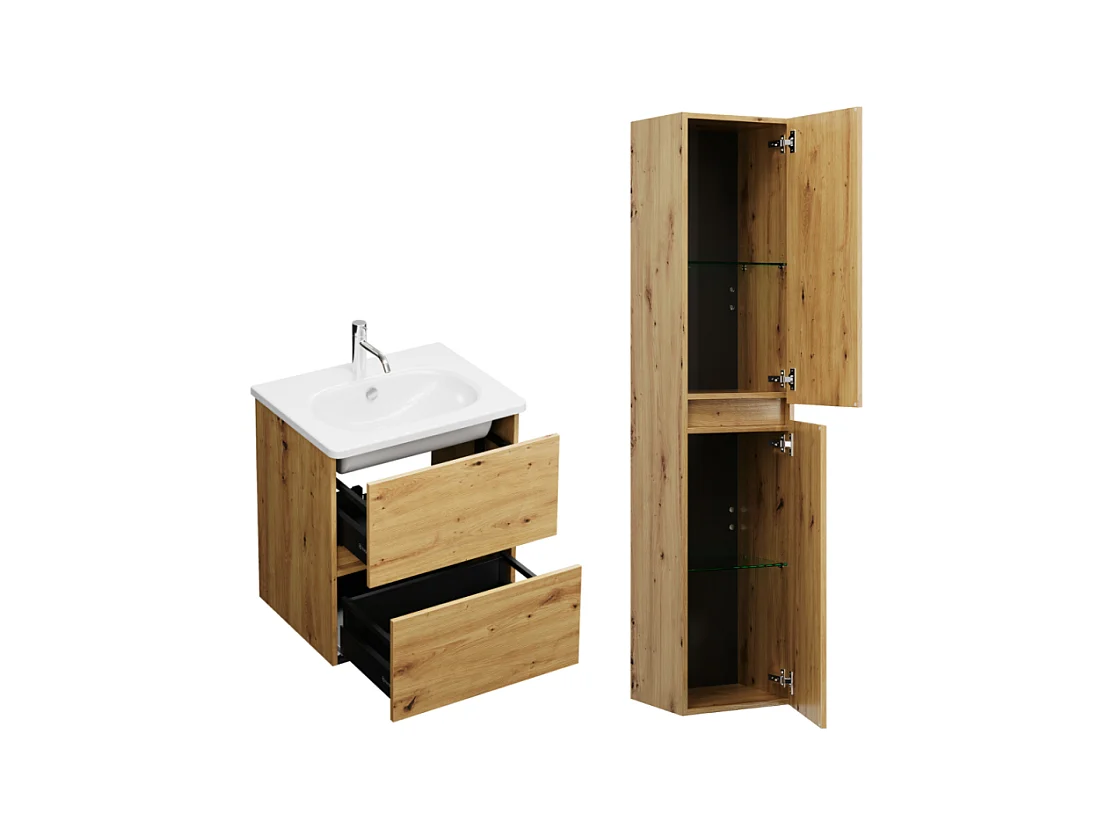 Pack meuble de salle de bain simple vasque BURGBAD Joline 60 cm chêne + colonne