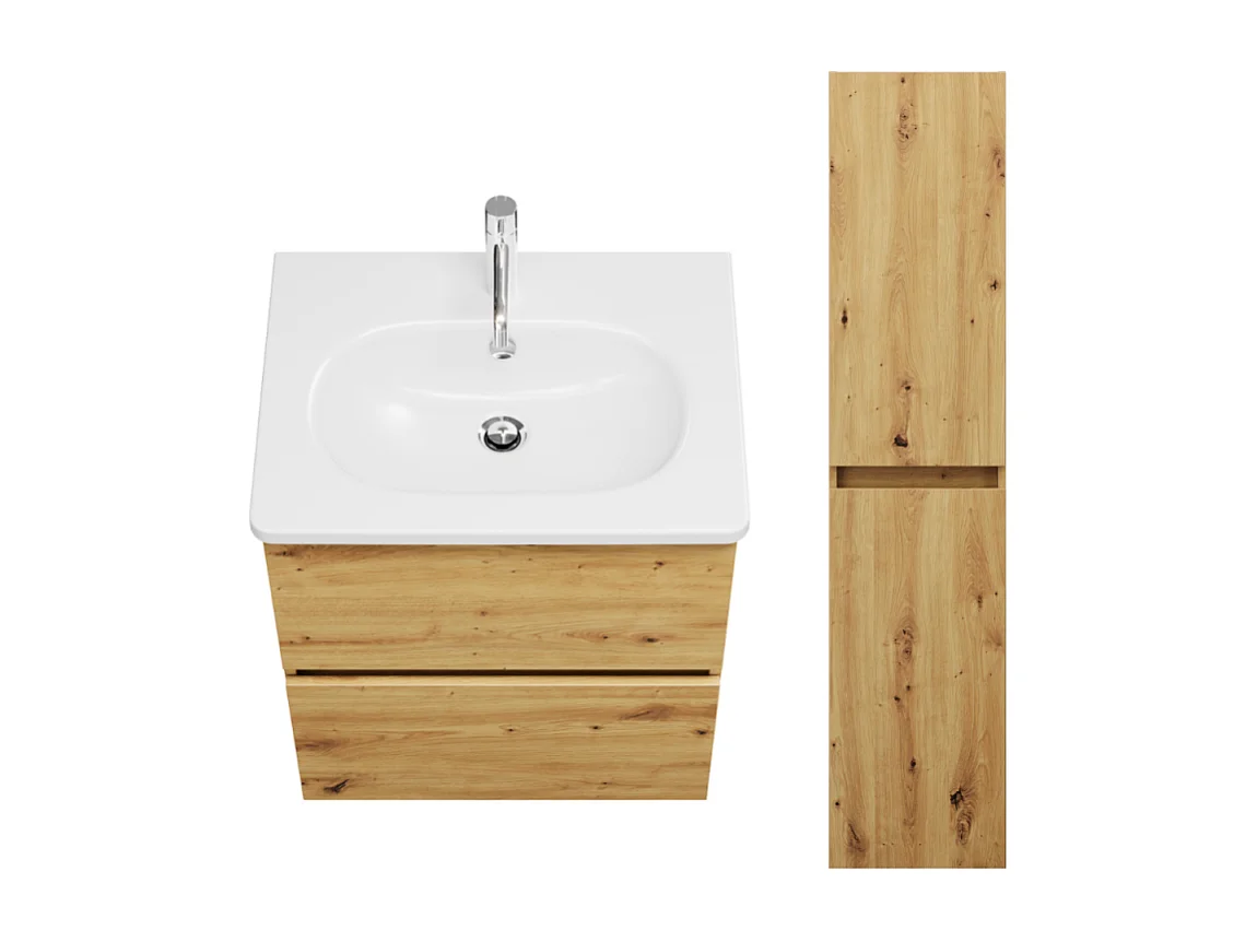 Pack meuble de salle de bain simple vasque BURGBAD Joline 60 cm chêne + colonne