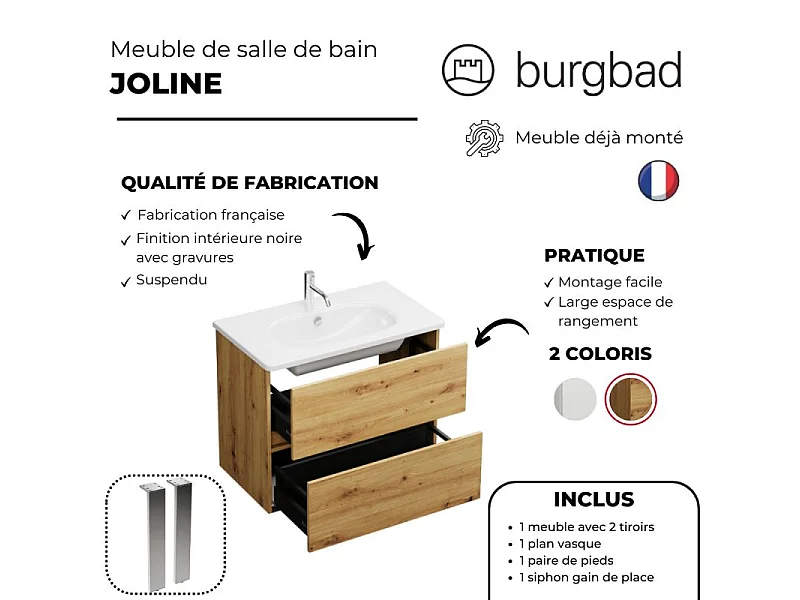 Pack meuble de salle de bain simple vasque BURGBAD Joline 60 cm chêne + colonne