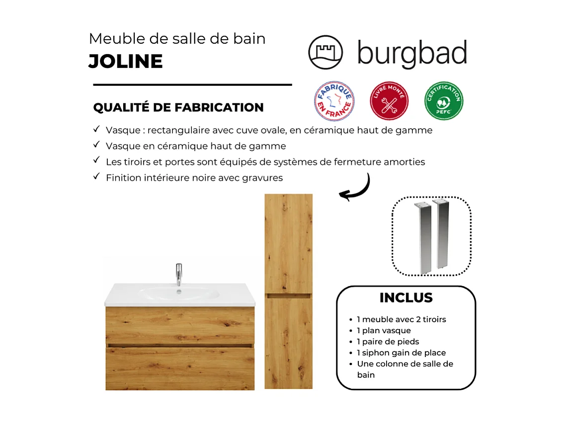 Pack meuble de salle de bain simple vasque BURGBAD Joline 60 cm chêne + colonne