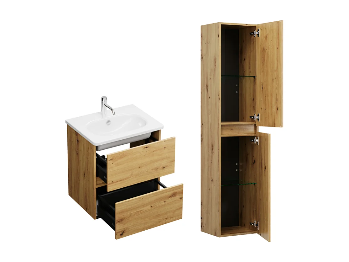 Pack meuble de salle de bain simple vasque BURGBAD Joline 60 cm chêne + colonne