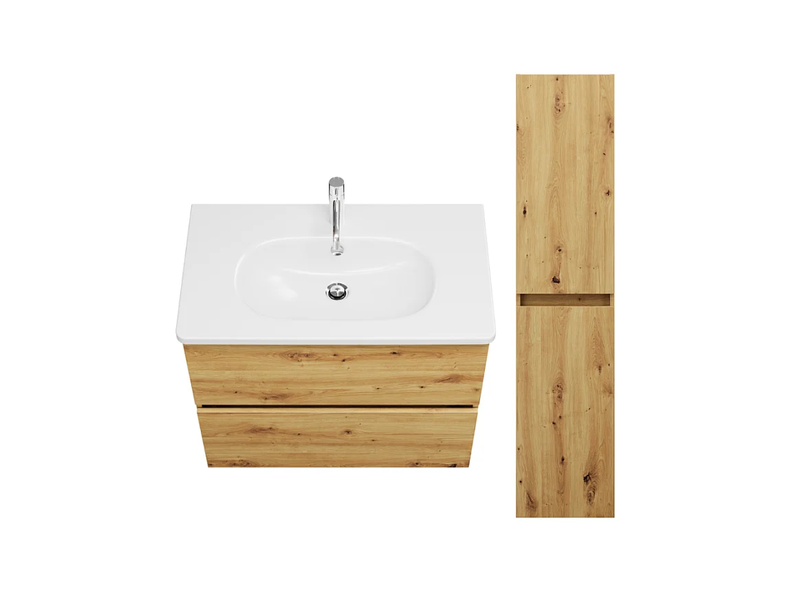 Pack meuble de salle de bain simple vasque BURGBAD Joline 80 cm chêne + colonne