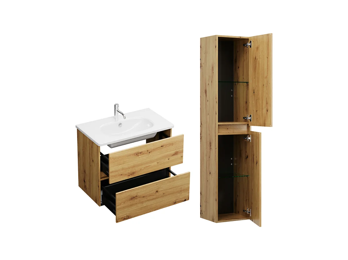 Pack meuble de salle de bain simple vasque BURGBAD Joline 80 cm chêne + colonne