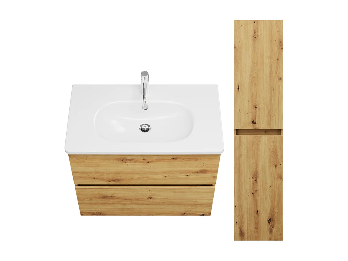 Pack meuble de salle de bain simple vasque BURGBAD Joline 80 cm chêne + colonne