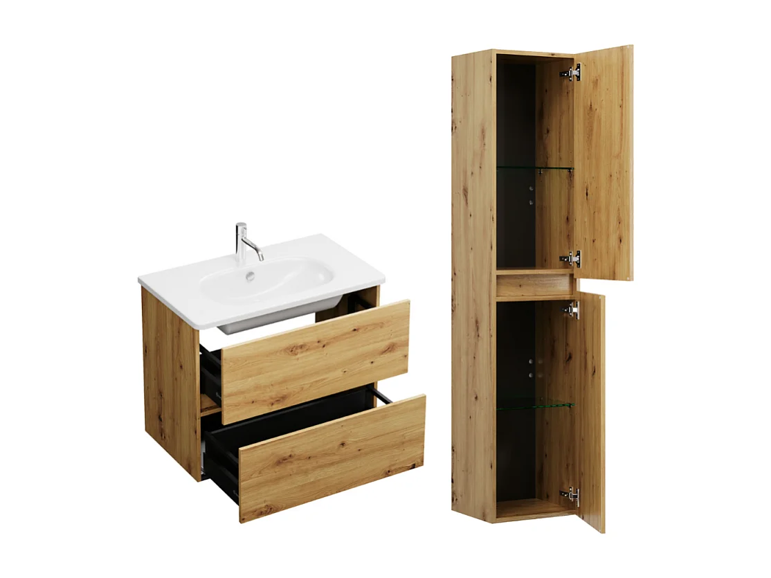 Pack meuble de salle de bain simple vasque BURGBAD Joline 80 cm chêne + colonne