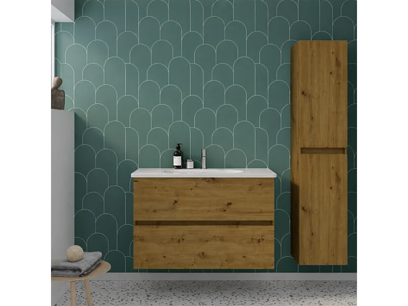 Pack meuble de salle de bain simple vasque BURGBAD Joline 80 cm chêne + colonne