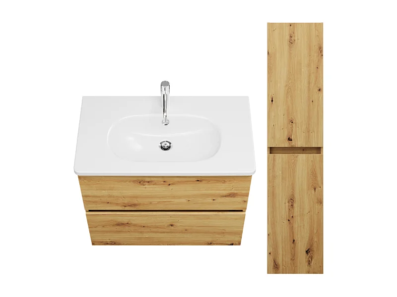 Pack meuble de salle de bain simple vasque BURGBAD Joline 80 cm chêne + colonne