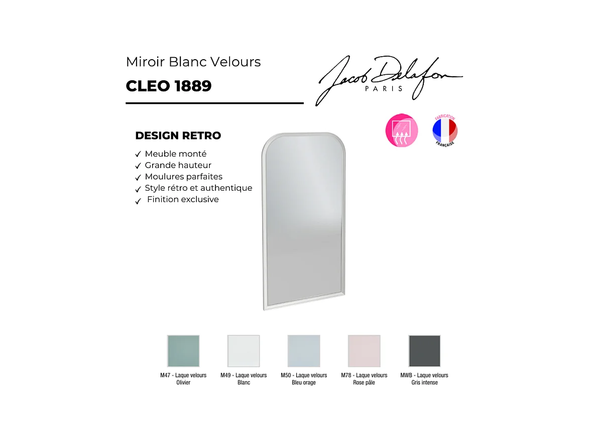 Miroir vertical salle de bain JACOB DELAFON Cléo 1889 Blanc Velours