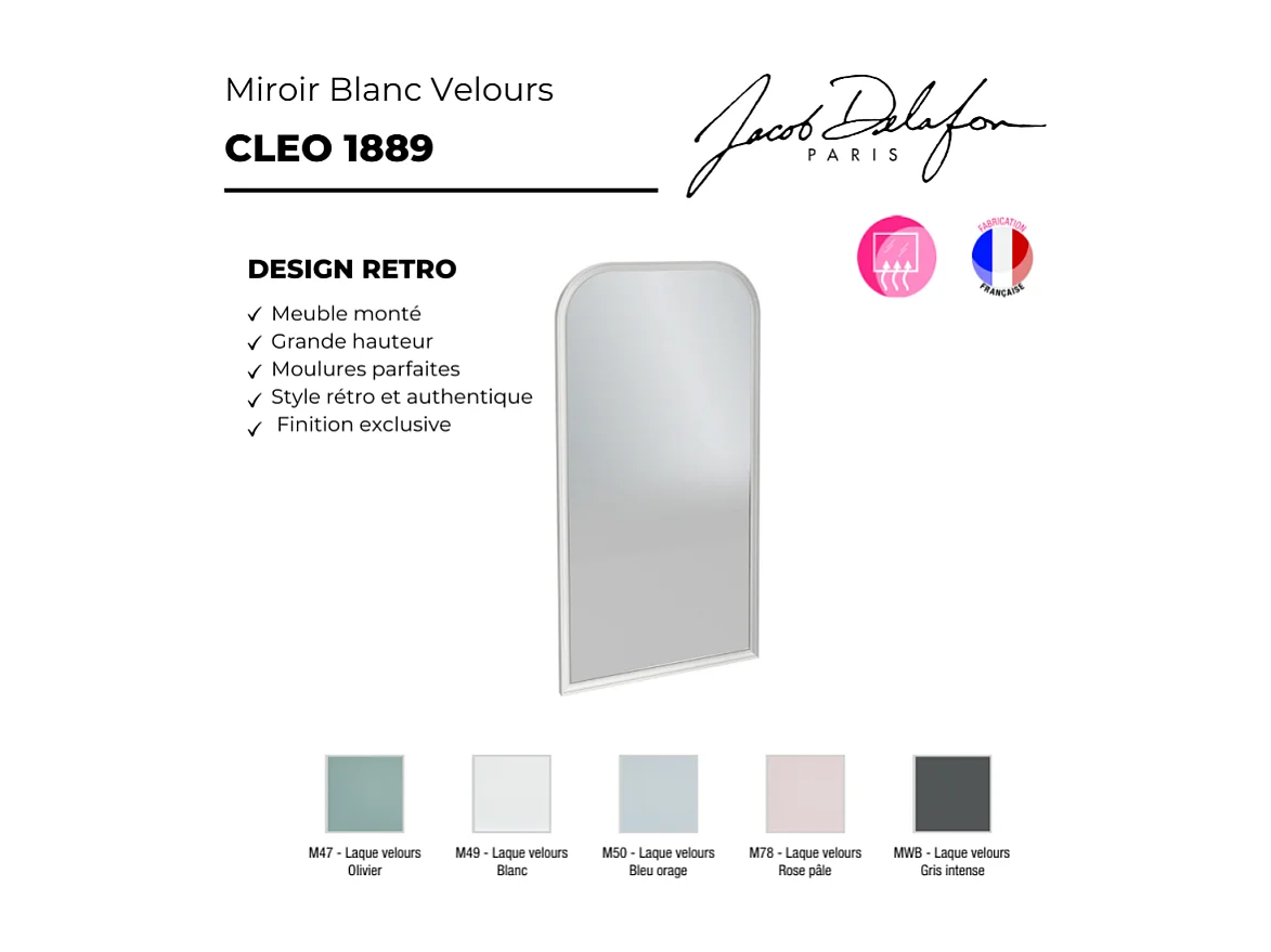Miroir vertical salle de bain JACOB DELAFON Cléo 1889 Blanc Velours