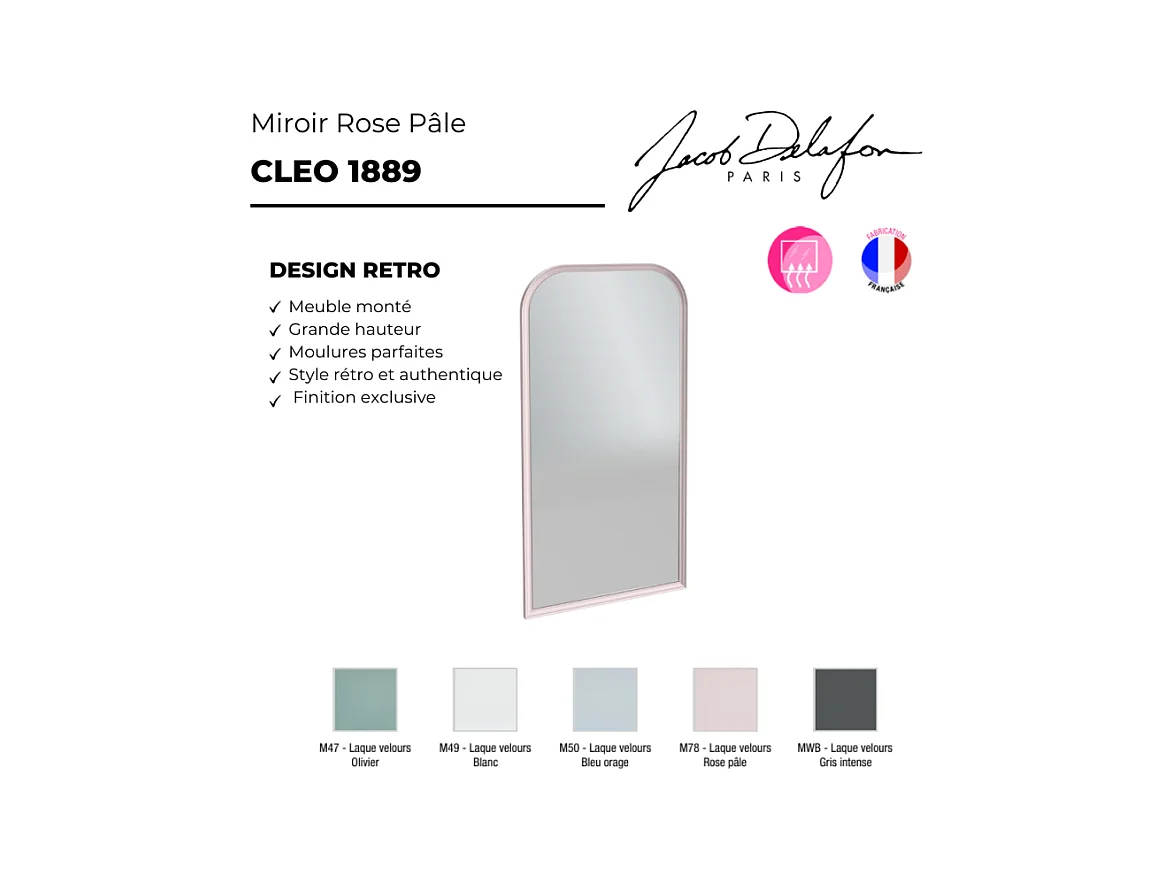 Miroir vertical salle de bain JACOB DELAFON Cléo 1889 Rose Pâle Velours