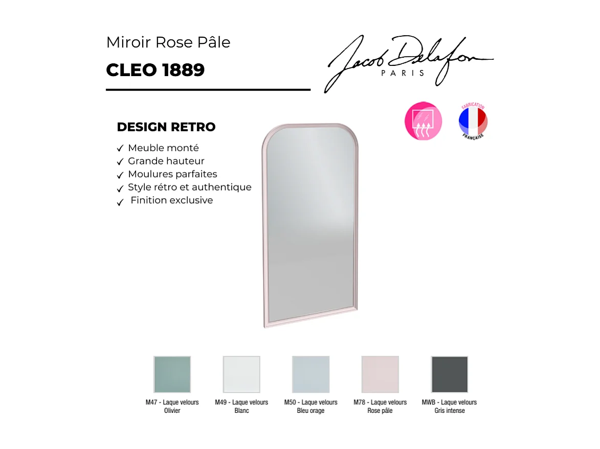 Miroir vertical salle de bain JACOB DELAFON Cléo 1889 Rose Pâle Velours