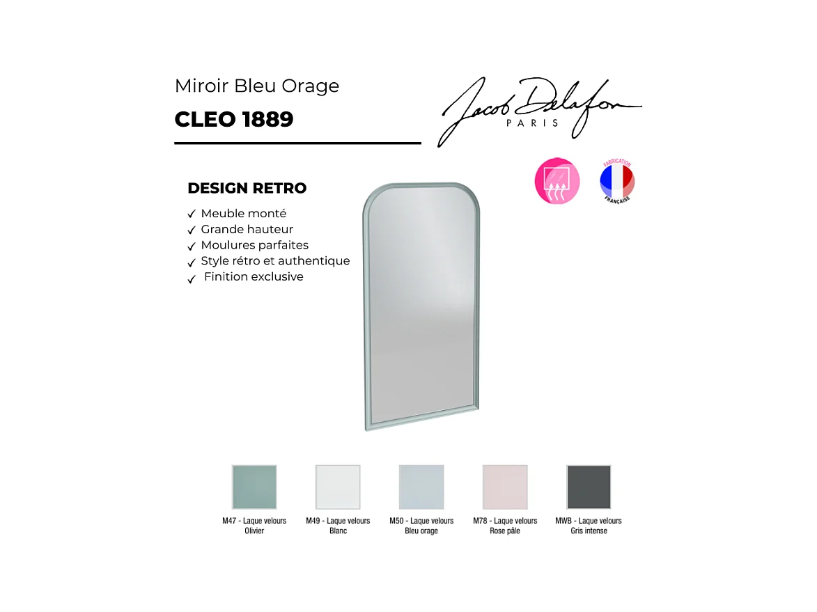 Miroir vertical salle de bain JACOB DELAFON Cléo 1889 Bleu Orage Velours