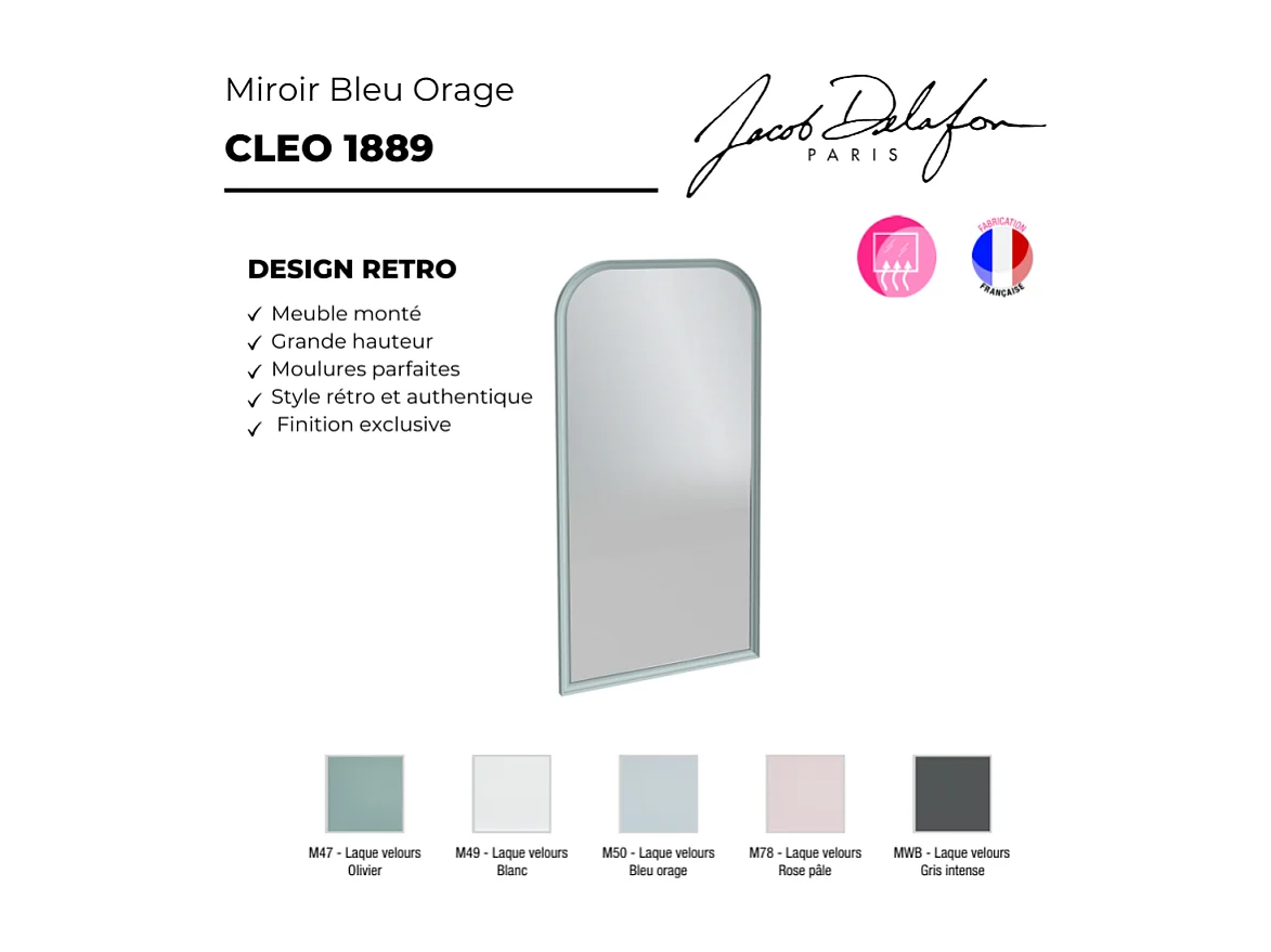 Miroir vertical salle de bain JACOB DELAFON Cléo 1889 Bleu Orage Velours