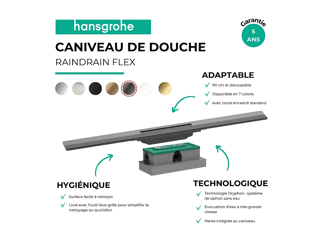 Caniveau de douche HANSGROHE RainDrain Flex 90 Noir chromé brossé + Corps encastré standard