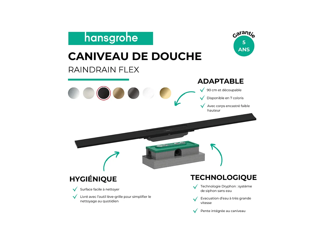 Caniveau de douche HANSGROHE RainDrain Flex 90 Noir mat + Corps encastré à faible hauteur