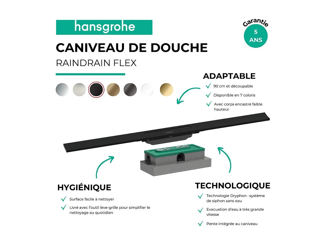 Caniveau de douche HANSGROHE RainDrain Flex 90 Noir mat + Corps encastré à faible hauteur