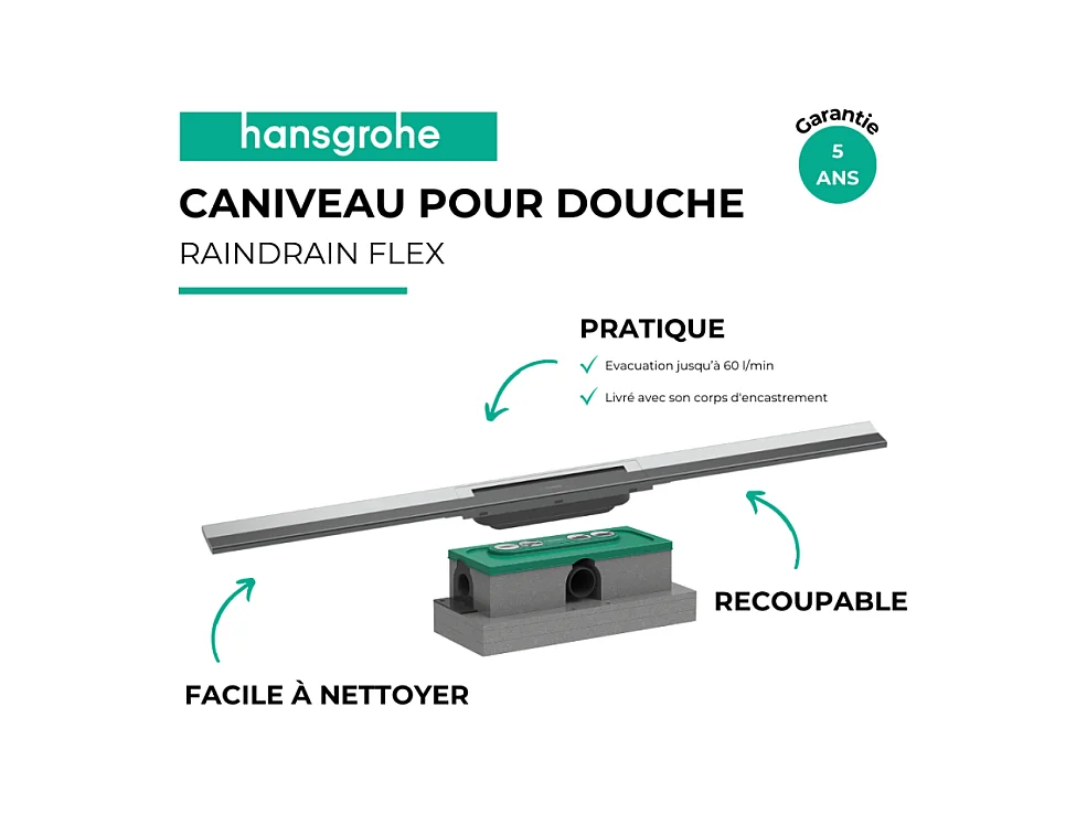 Caniveau de douche HANSGROHE RainDrain Flex chromé découpable 90 cm + corps encastré