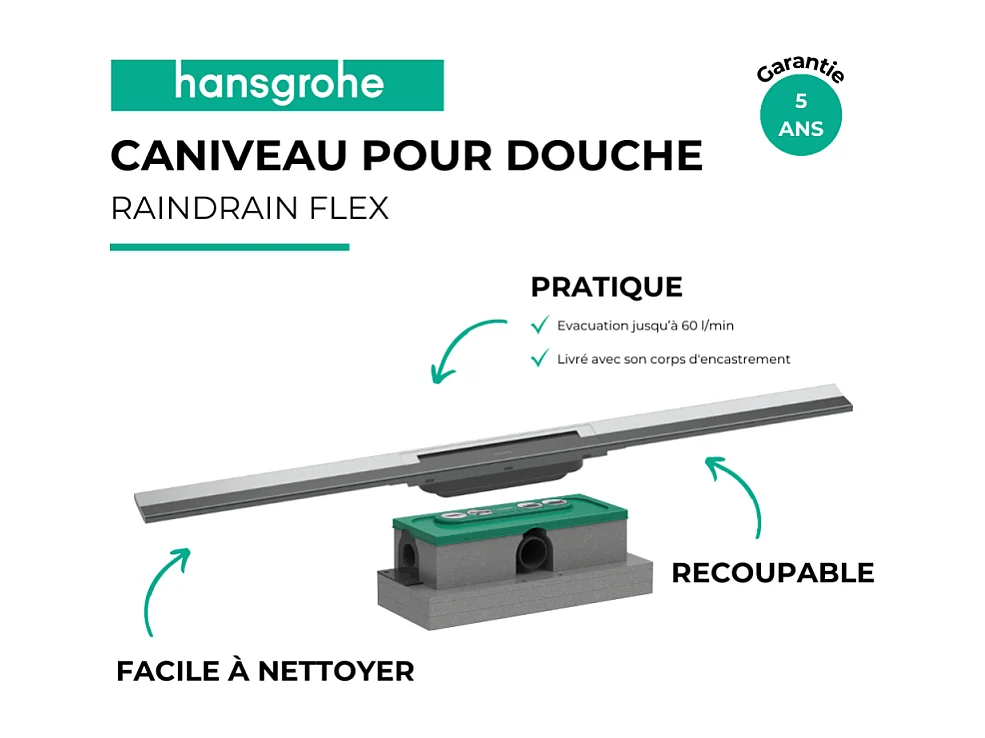 Caniveau de douche HANSGROHE RainDrain Flex chromé découpable 90 cm + corps encastré