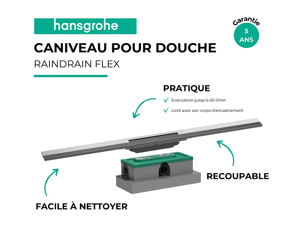 Caniveau de douche HANSGROHE RainDrain Flex chromé découpable 90 cm + corps encastré