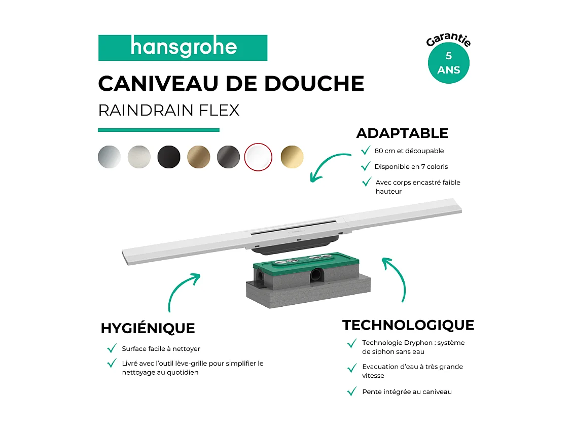 Caniveau de douche HANSGROHE RainDrain Flex 80 Blanc mat + Corps encastré à faible hauteur