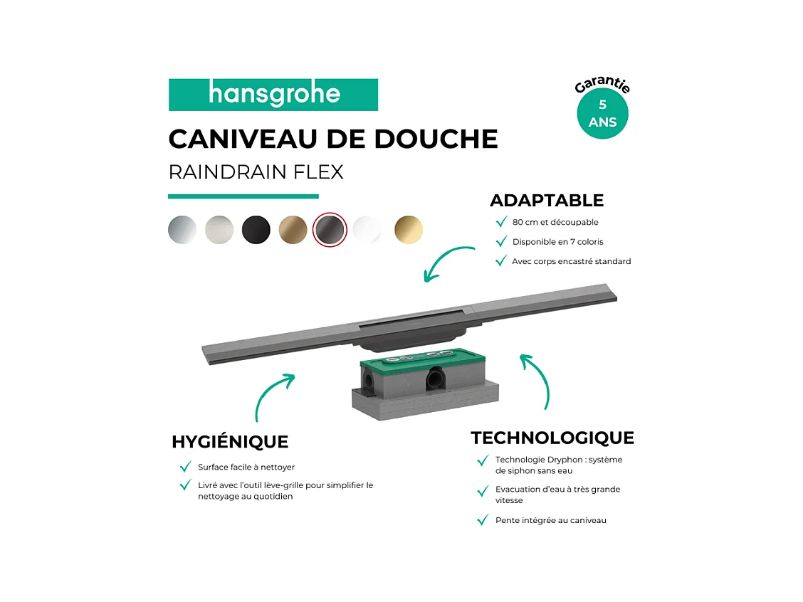 Caniveau de douche HANSGROHE RainDrain Flex 80 Chromé brossé + Corps encastré standard