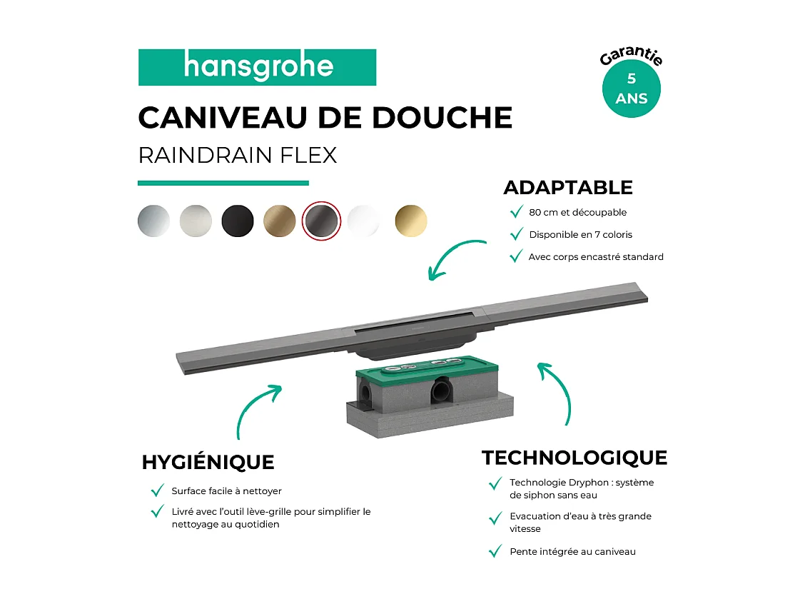 Caniveau de douche HANSGROHE RainDrain Flex 80 Chromé brossé + Corps encastré standard
