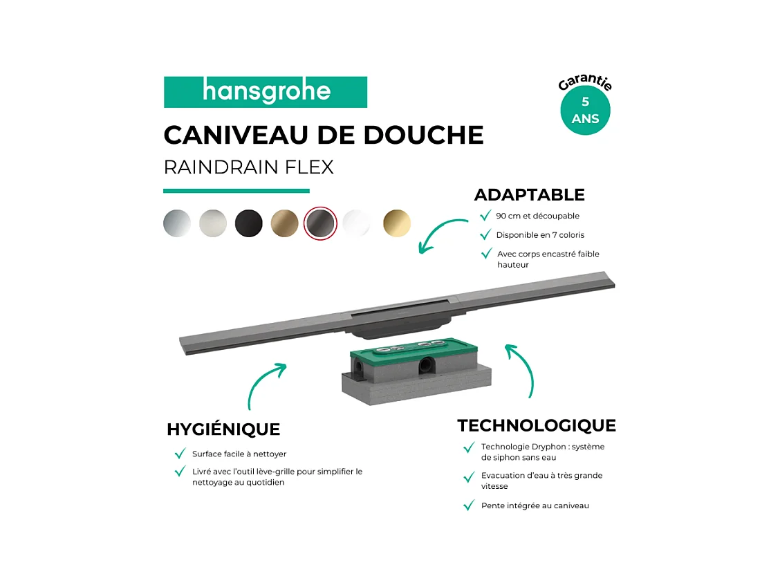 Caniveau de douche HANSGROHE RainDrain Flex 90 Noir chromé brossé + Corps encastré à faible hauteur