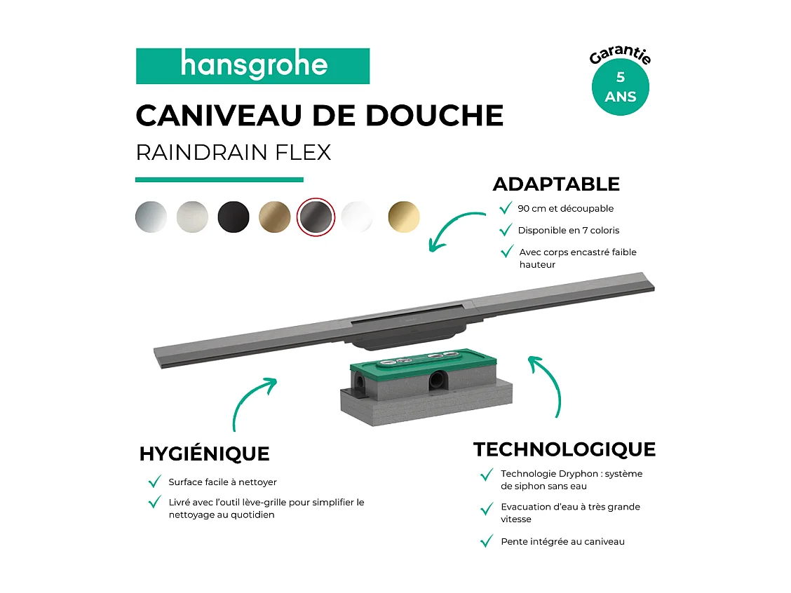 Caniveau de douche HANSGROHE RainDrain Flex 90 Noir chromé brossé + Corps encastré à faible hauteur