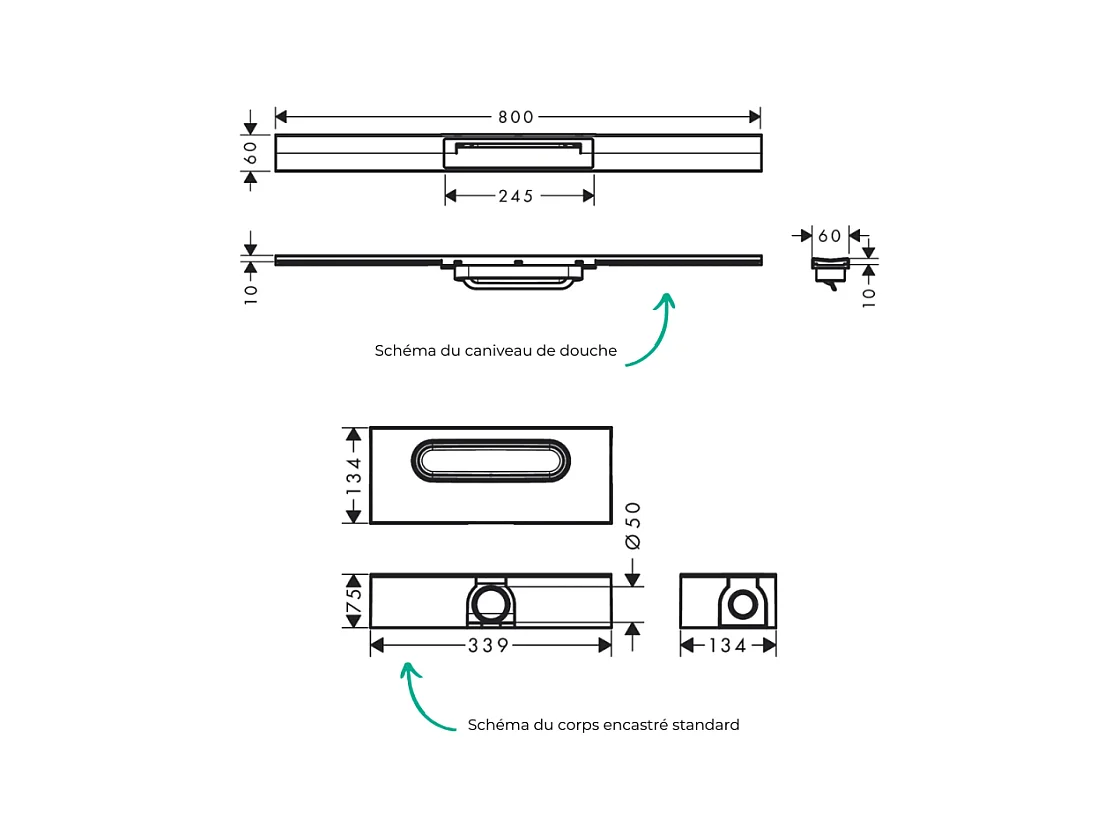 Caniveau de douche HANSGROHE RainDrain Flex 80 Acier inox brossé + Corps encastré standard