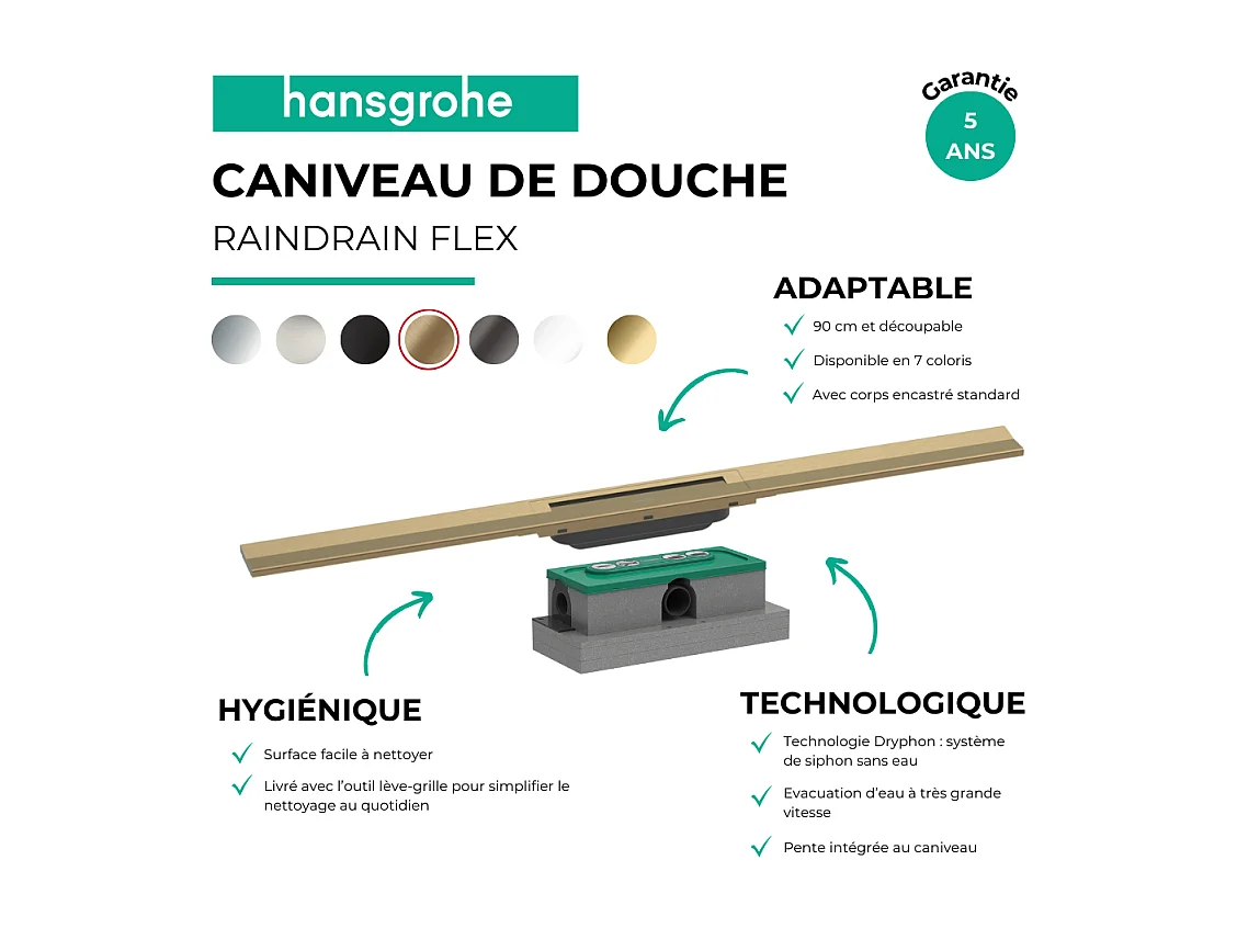 Caniveau de douche HANSGROHE RainDrain Flex 90 Bronze brossé + Corps encastré standard