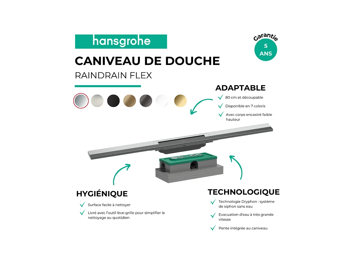 Caniveau de douche HANSGROHE RainDrain Flex 80 Chromé + Corps encastré à faible hauteur