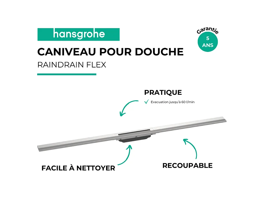 Caniveau de douche HANSGROHE RainDrain Flex acier inox brossé découpable 120 cm