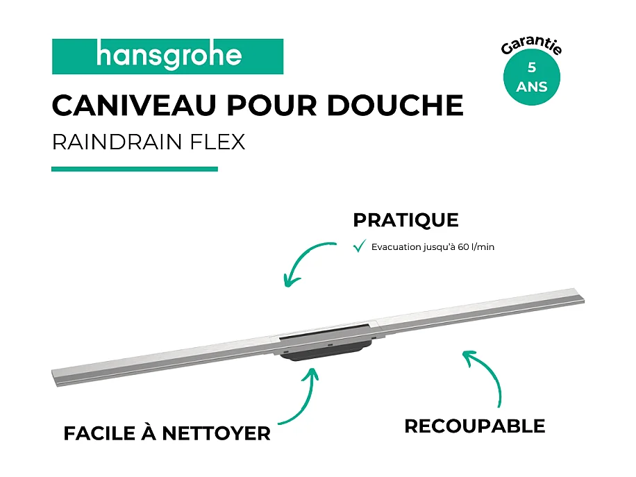 Caniveau de douche HANSGROHE RainDrain Flex acier inox brossé découpable 120 cm