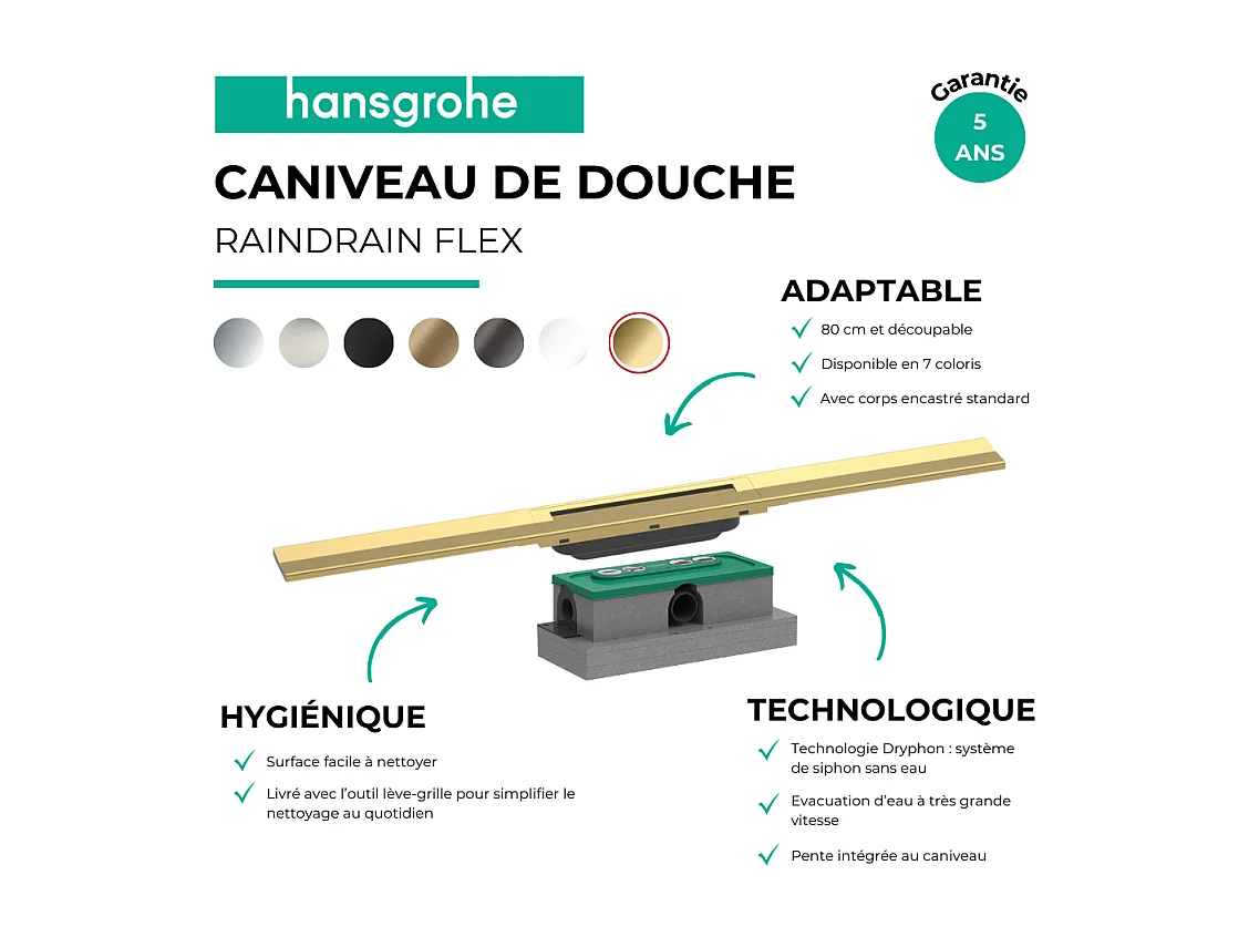 Caniveau de douche HANSGROHE RainDrain Flex 80 Aspect doré poli + Corps encastré standard