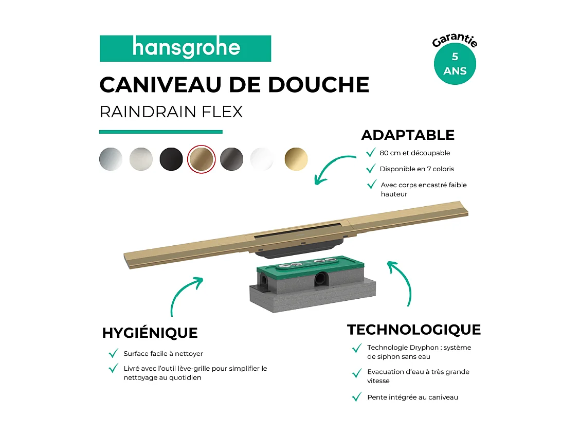 Caniveau de douche HANSGROHE RainDrain Flex 80 Bronze brossé + Corps encastré à faible hauteur