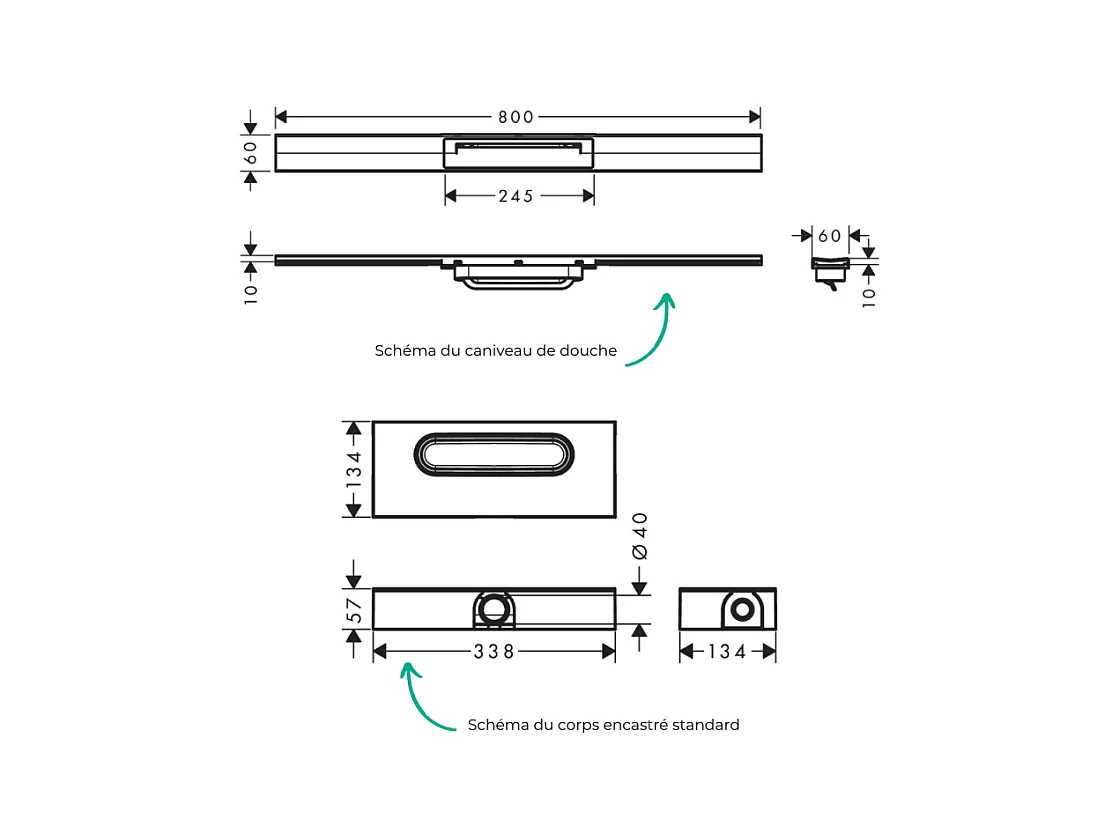 Caniveau de douche HANSGROHE RainDrain Flex 80 Aspect doré poli + Corps encastré à faible hauteur